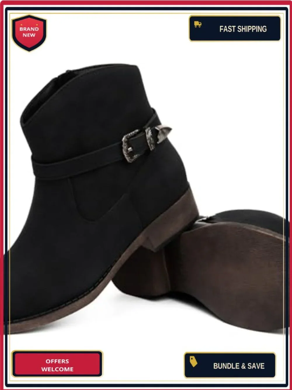 Faux Leather Ankle Boots Low Chunky Heel Side Zipper Western Cowboy Round Toe